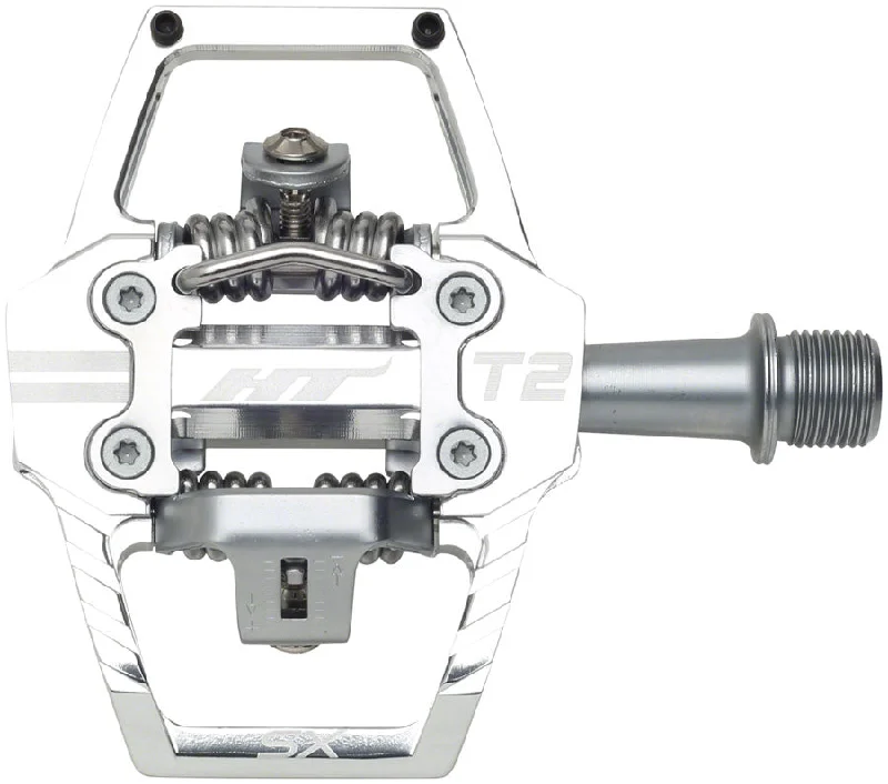 bicycle shoe compatibility-HT Components T2-SX Pedals - Dual Sided Clipless Platform Aluminum 9/16" Silver