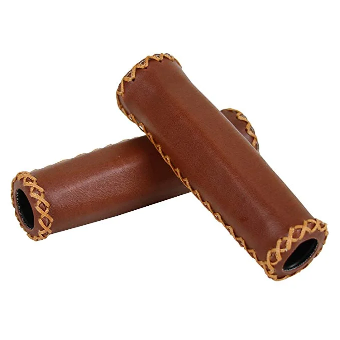 bicycle cleaner frame-VELO VLG-030-1 Brown PU Leather and Soft Rubber Bicycle MTB Beach Cruiser Mountain Bike Handlebar Grips